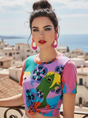 VINTAGE Floral Tee S Italy Paris Punk GoGo Retro Stretch Artsy Graphic